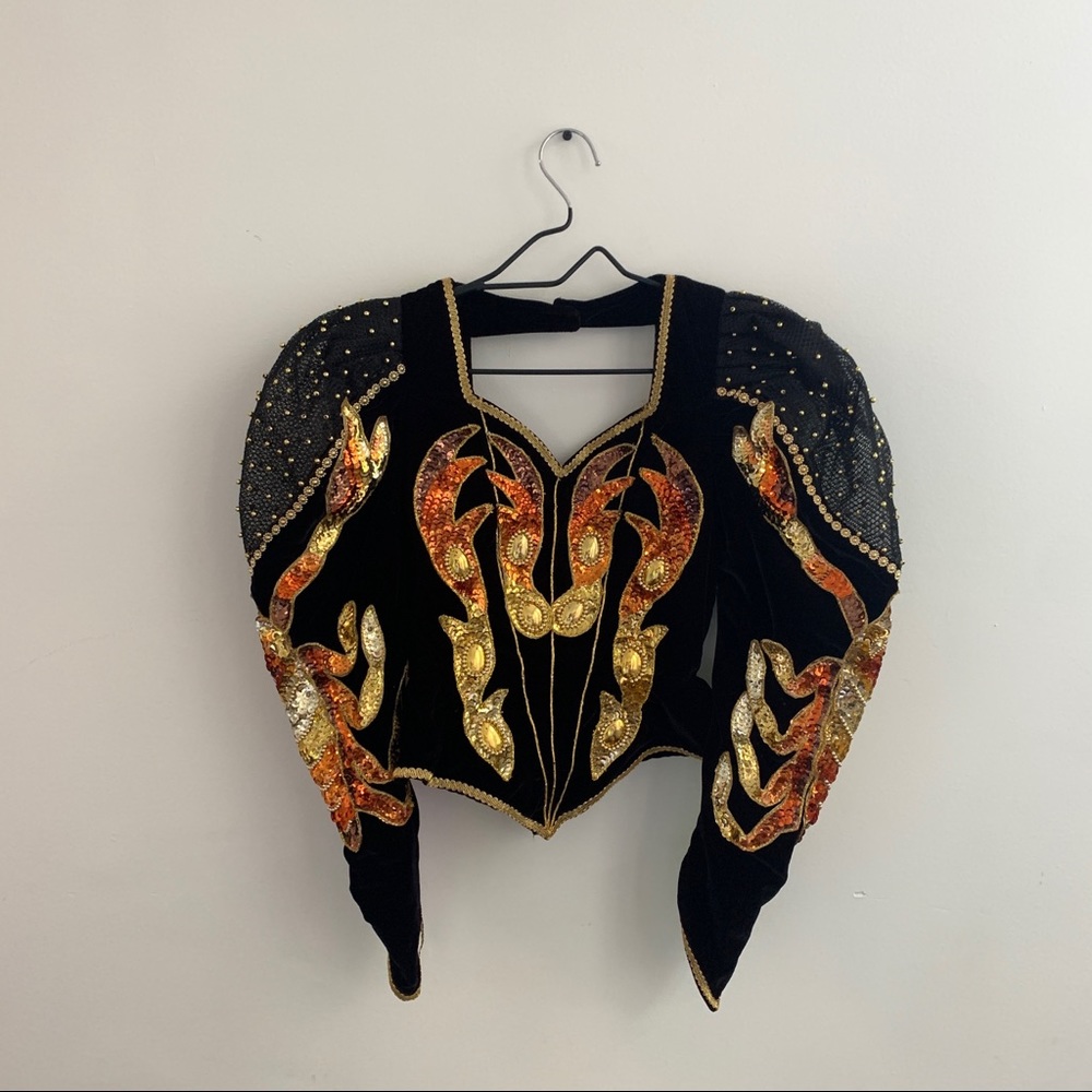 Vtg Puff Sleeve Velvet Beaded Top